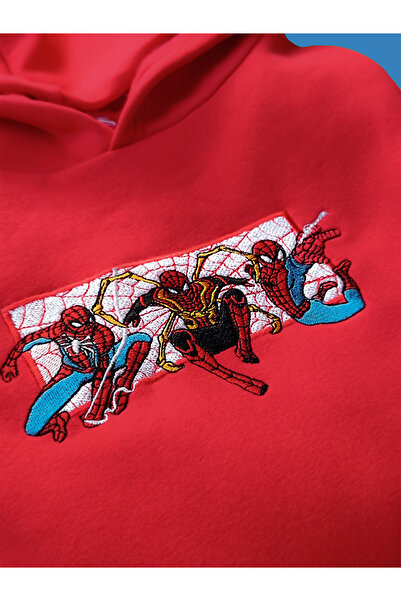 FAUNION Spider-Man Nakışlı Kapşonlu Oversize 3 Iplik Şardonlu Unisex Sweatshi...