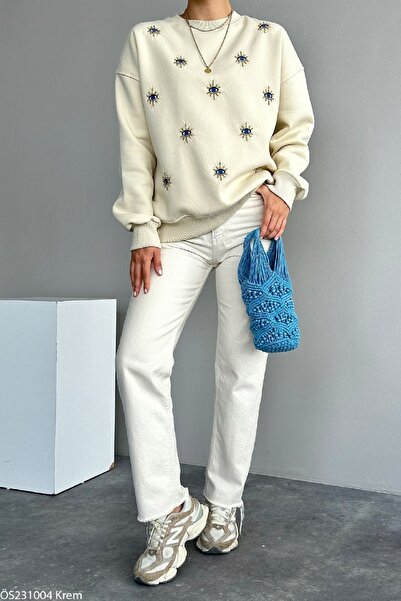 TMD AKSESUAR Cream Sweatshirt with Eye Embroidery and Bead Embroidery