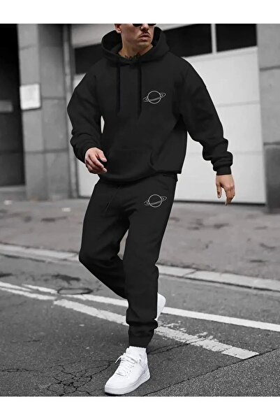 over head oh Чоловічий чорний світшот з принтом «Сатурн» та штани-джоггери, 3 нитки