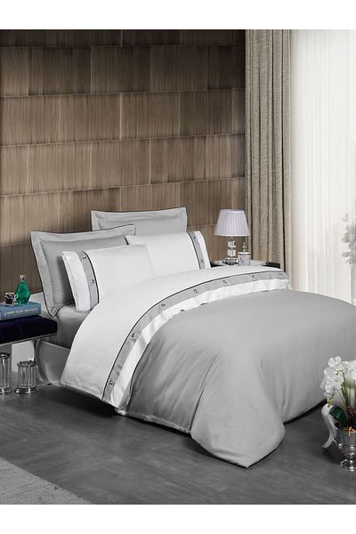 Silkarea Ricchi 100% Cotton Satin Duvet Cover Set – Double, Gray-White with Elastic Sheet