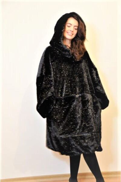 My Puffy Siyah Simli Kapüşonlu Blankie Oversize Hoodie