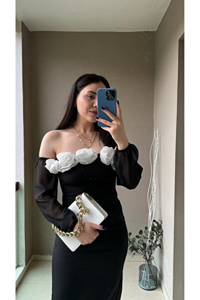 Zilolafashionhouse Madonna yaka midi siyah elbise