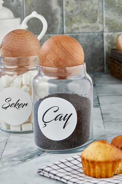 ŞAKİLATA CONCEPT 2-Piece Wooden Ball Lid Tea Candy Jar 800 Ml Labeled Glass Storage Container