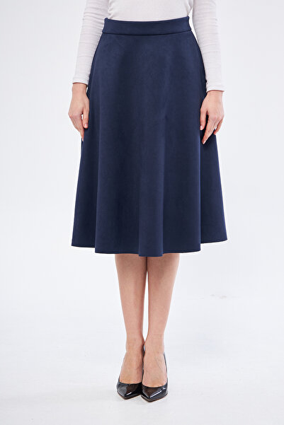 modabirsen Fusta evazată din piele intoarsa albastru bleumarin