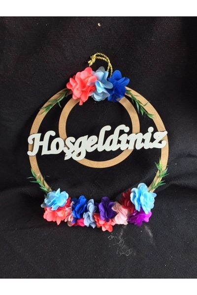 GÜVEN Welcome Floral Wooden Pulley Decorative Circle Door Ornament