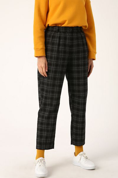 ALLDAY Schwarz-grau karierte, plissierte Slouchy-Hose