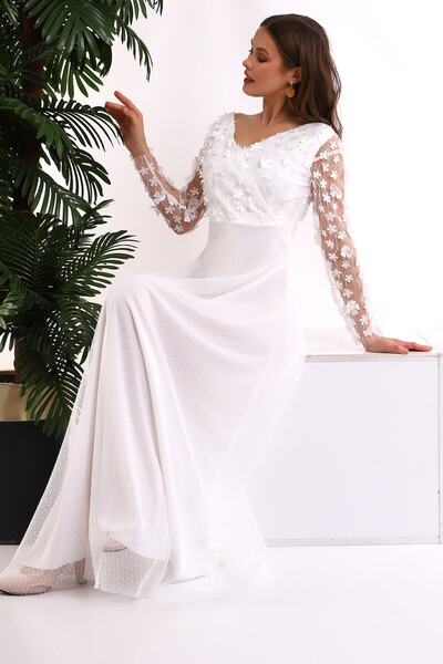 Fasmia Beyaz 3d Papatya Kayık Yaka Kiloş Elbise F115