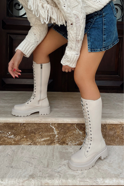 POLKA STORE Women's Hailey Capsule Detailed Lace Up Long Zippered Beige Nude Skin Ecru Extra Matte Leather Boots