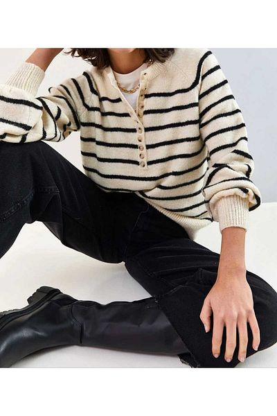 NYN TEKSTİL Women's Buttoned Collar Turtleneck Striped Knitwear Sweater