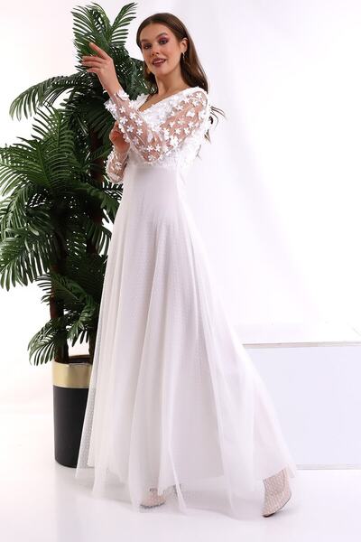 Fasmia Beyaz 3d Papatya Kayık Yaka Kiloş Elbise F115