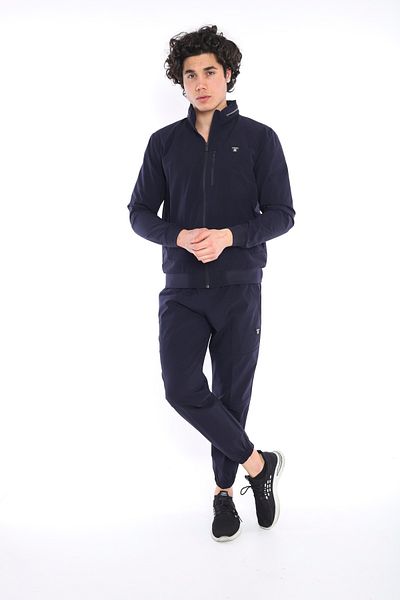 NEED LİFE Men's Navy Blue Wrinkled Fabric Hood Removable Zippered Tracksuit Set