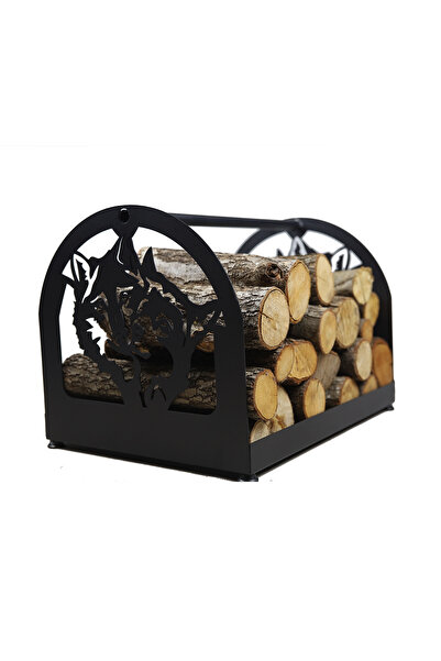 AKTÜRKLER Kurt Desenli Beşik Odunluk Ayaklı Siyah Büyük Taşıma Kulplu Dekoratif