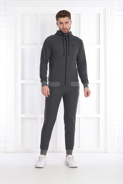 NEED LİFE Men's Gray Daily Waffle Fabric Hooded Zippered Slim Fit Bottom Top Tracksuit Set