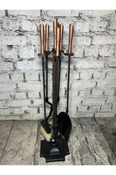 LUCKYHOMES Bakır Eskitme Ruj Başlıklı Şömine Maşa Takımı , Şömine Seti Kürekli