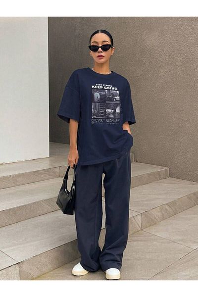 AFROGİYİM Unisex Stay Strong Keep Going Εκτυπωμένο μπλουζάκι Oversize