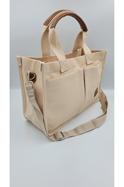 KIRASE Kadın Krem The Tote Bag Şık Yumuşak Kanvas El Ve Omuz Çantası