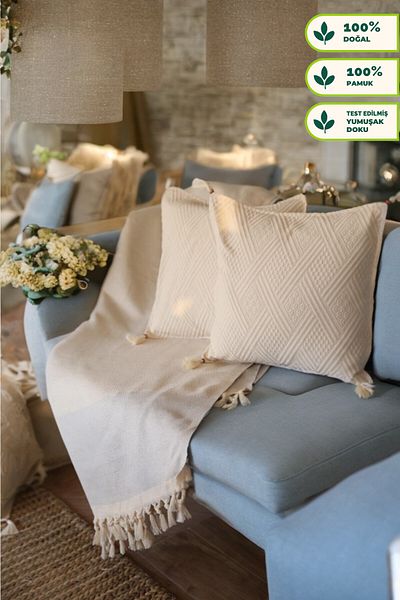 VANESSA PERDE Buldan Diaper 100% Cotton 2 Pieces Throw Pillow Cover Soft Texture Natural Color Washable