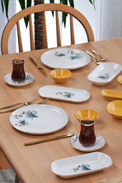 Glore Asian Blue Flower Gold Gilded 41 Piece Ceramic Breakfast Set for 6 People