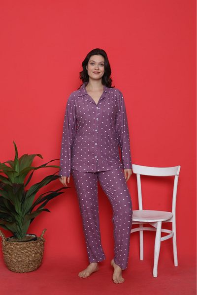 trdpodyum Women's Lilac Heart Patterned Suede Front Buttoned Baby Collar Long Sleeve Pajama Set