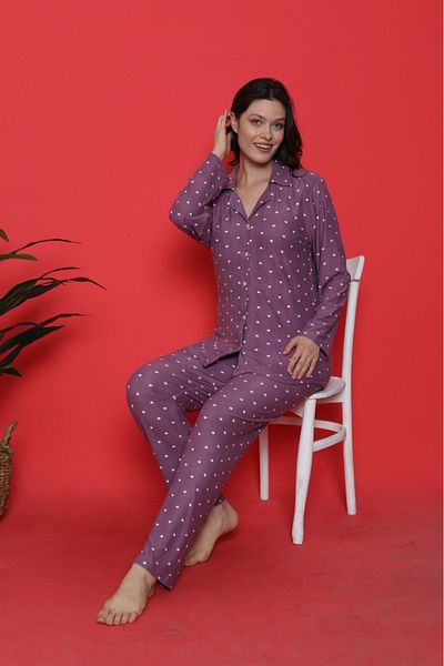 trdpodyum Women's Lilac Heart Patterned Suede Front Buttoned Baby Collar Long Sleeve Pajama Set