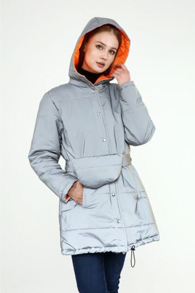 ESB Design Women's Highlighter Shiny Fabric Gray Inside Pocket Waist Bag Puffer Coat