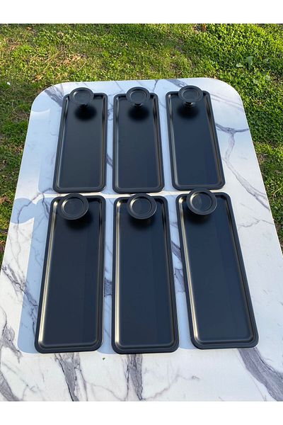 Aslı Hediyelik 2 Model 6-Piece Black Baton Tray and 6-Piece Black Macaron Holders, Coffee and Pastry Serving Presentation Tray