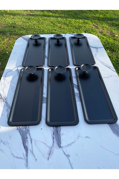 Aslı Hediyelik 2 Model 6-Piece Black Baton Tray and 6-Piece Black Macaron Holders, Coffee and Pastry Serving Presentation Tray