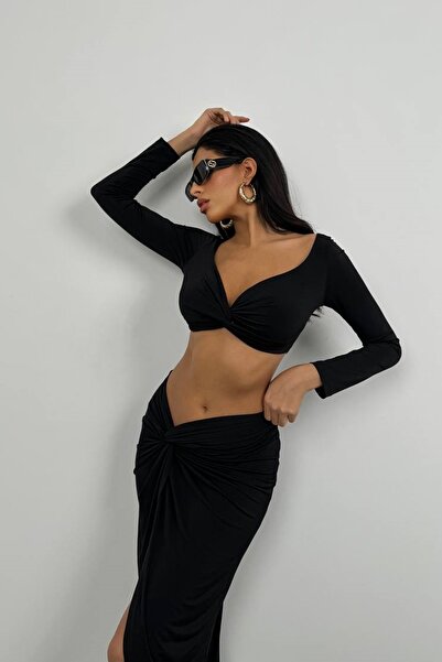 lovebox Women Black Drawstring Detail Long Sleeve Crop Blouse 24S50007