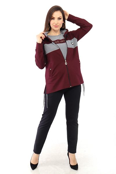 WND SPORT Hooded Striped Side Slits Stone Detailed Wnd Women's Plus Size Set