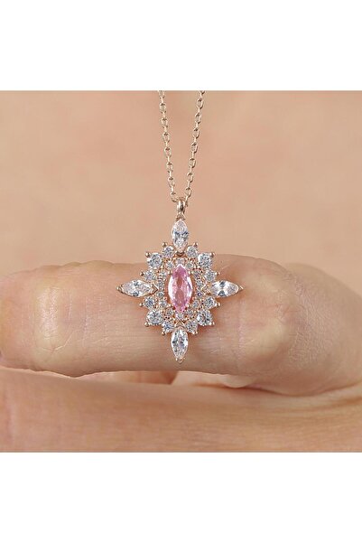 Mia Vento Pink Taşlı Hanedan Nişanı Rose Renk Vintage Gümüş Kolye