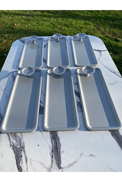 Aslı Hediyelik 2 Model 6-Piece Gray Baton Tray and 6-Piece Gray Macaron Bowl, Coffee and Cake Serving Presentation Tray