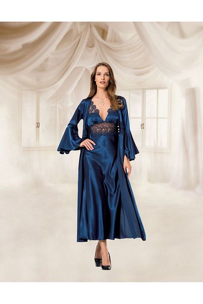 MH Moony Homewears Тъмносиня сатенена луксозна дълга нощница, комплект зестра