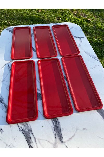 Aslı Hediyelik 6-Piece Baton Red Metal Single Person Decorative Candle, Tea, Coffee and Cake Serving Presentation Tray