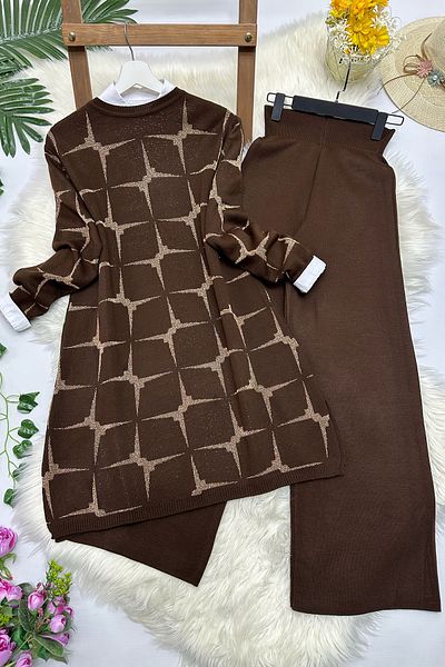 MODAQU Elegance Glittery Πλεκτό Σετ Hijab - Καφέ