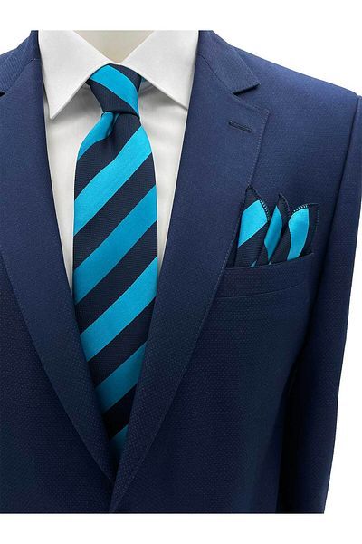 Brianze Turquoise and Navy Blue Striped Tie Handkerchief Set