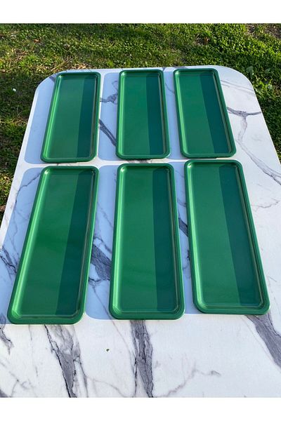 Aslı Hediyelik 6-Piece Baton Green Metal Single Person Decorative Candle, Tea, Coffee and Cake Serving Presentation Tray