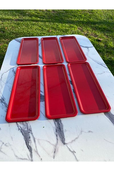 Aslı Hediyelik 6-Piece Baton Red Metal Single Person Decorative Candle, Tea, Coffee and Cake Serving Presentation Tray