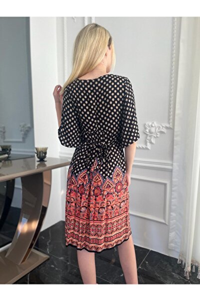 Bohemian Women's Black Half Sleeve Square Collar Bohemian Dress