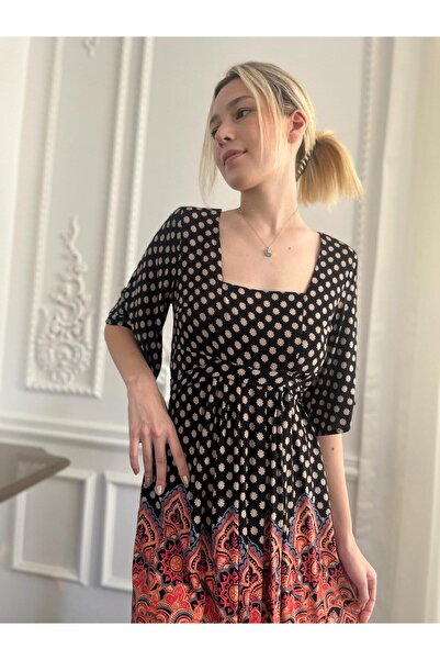 Bohemian Women's Black Half Sleeve Square Collar Bohemian Dress