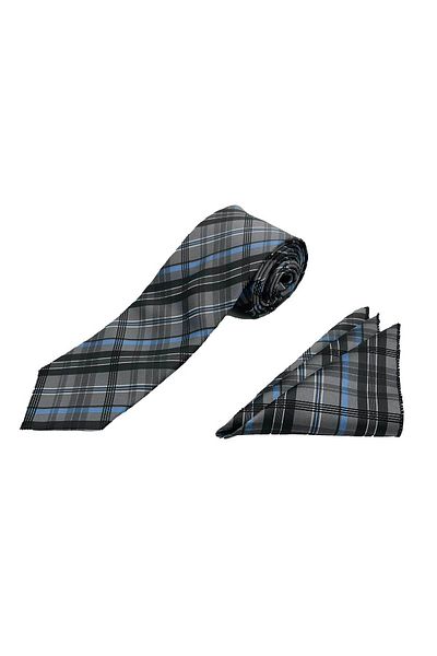 Brianze Gray Blue White Plaid Pattern Tie Handkerchief Set