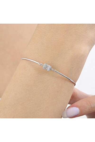 Mia Vento Pırlanta Montür Minimal Dörtgen Baget Gümüş Bilezik