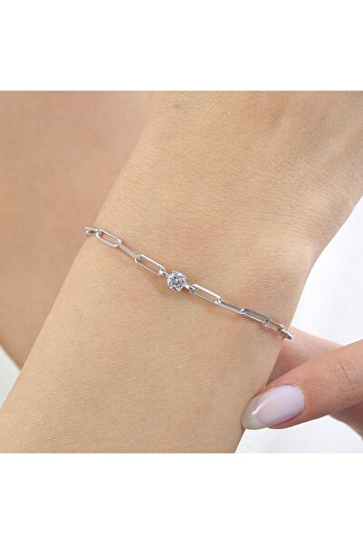 Mia Vento İtalyan Tasarım Ataç Zincirli Tek Tanem Gümüş Bileklik