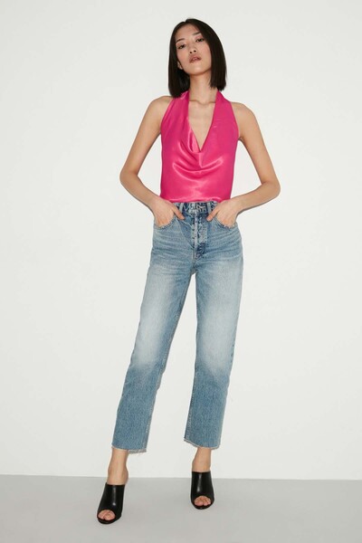 GRIMELANGE Dámská saténová fuchsiová halenka s límečkem Dagaje Emmy