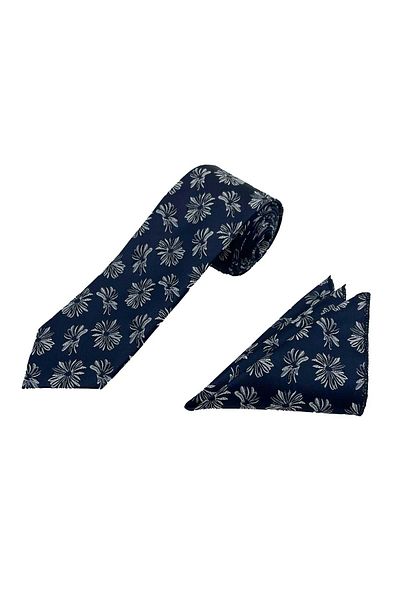 Brianze Navy Blue White Motif Pattern Tie Handkerchief Set
