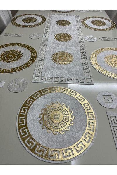 SEHARA Runner/placemat/tablecloth/19 Pieces Velvet, Grey/gold