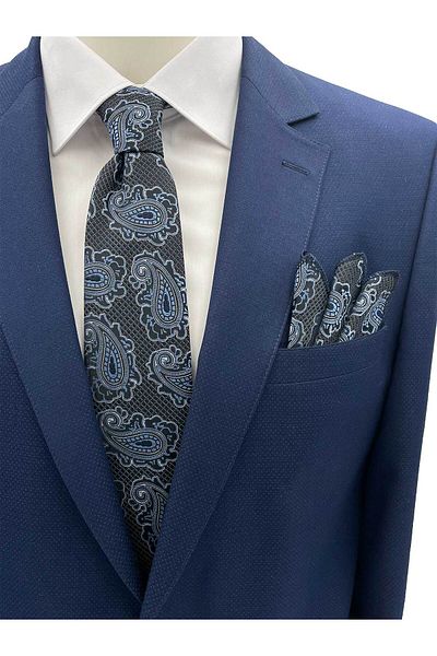 Brianze Navy Blue Shawl Pattern Tie Handkerchief Set