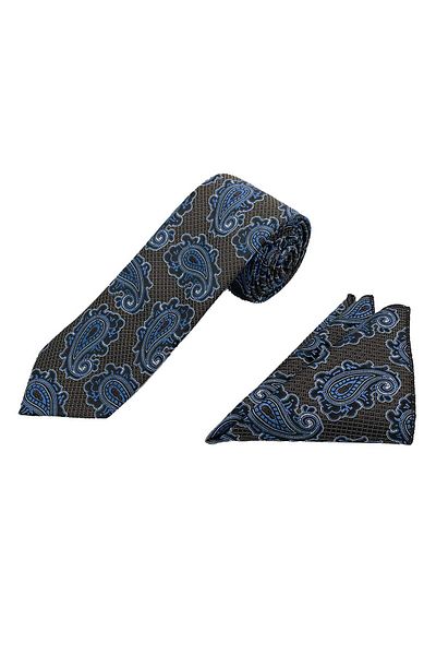 Brianze Brown Blue Shawl Pattern Tie Handkerchief Set