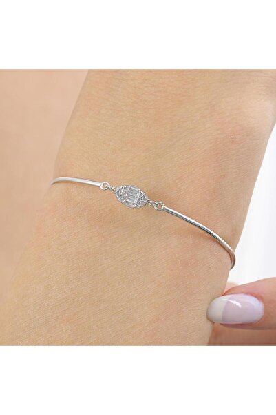 Mia Vento Pırlanta Montür Minimal Oval Baget Gümüş Bilezik