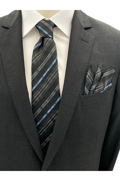 Brianze Black Blue White Plaid Pattern Tie Handkerchief Set