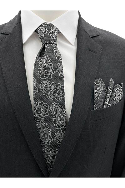 Brianze Black Gray Shawl Pattern Tie Handkerchief Set